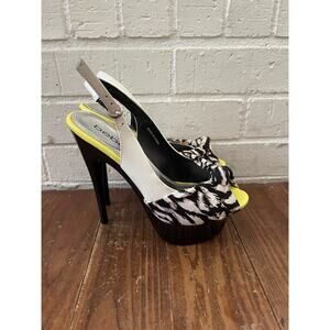 Bebe Roxanne Black/White/Neon Yellow Peep Toe Slingback 5" Platform Heel Size 5